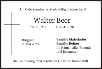 Todesanzeige von Walter Beer von merkurtz