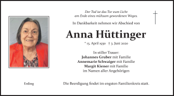 Todesanzeige von Anna Hüttinger von merkurtz