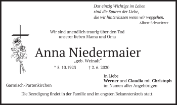 Todesanzeige von Anna Niedermaier von merkurtz