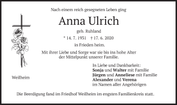 Todesanzeige von Anna Ulrich von merkurtz
