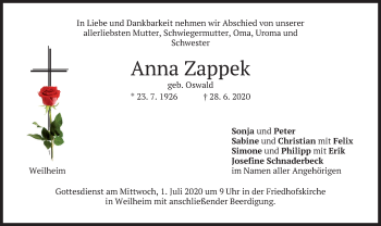Todesanzeige von Anna Zappek von merkurtz
