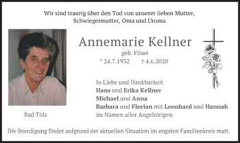 Todesanzeige von Annemarie Kellner von merkurtz