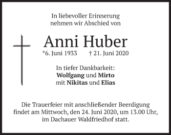 Todesanzeige von Anni Huber von merkurtz