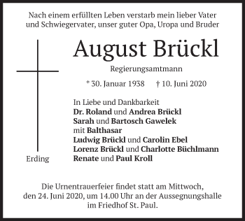 Todesanzeige von August Brückl von merkurtz