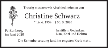 Todesanzeige von Christine Schwarz von merkurtz