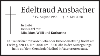Todesanzeige von Edeltraud Ansbacher von merkurtz