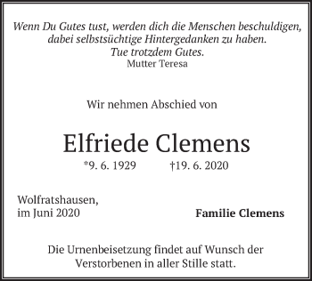 Todesanzeige von Elfriede Clemens von merkurtz