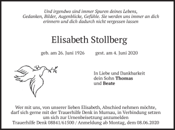 Todesanzeige von Elisabeth Stollberg von merkurtz
