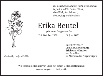 Todesanzeige von Erika Beutel von merkurtz