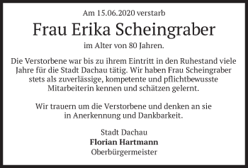 Todesanzeige von Erika Scheingraber von merkurtz