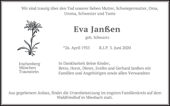 Todesanzeige von Eva Janßen von merkurtz