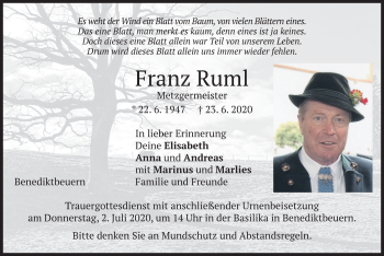 Todesanzeige von Franz Ruml von merkurtz
