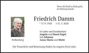 Todesanzeige von Friedrich Damm von merkurtz