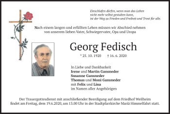 Todesanzeige von Georg Fedisch von merkurtz