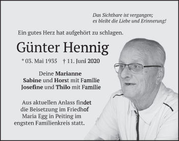 Todesanzeige von Günter Hennig von merkurtz