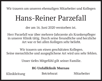 Todesanzeige von Hans-Reiner Parzefall von merkurtz