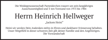 Todesanzeige von Heinrich Hellweger von merkurtz