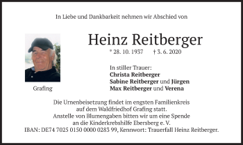 Todesanzeige von Heinz Reitberger von merkurtz