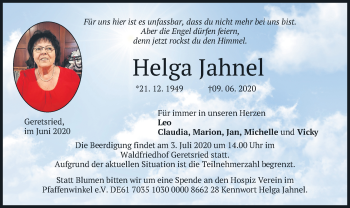 Todesanzeige von Helga Jahnel von merkurtz