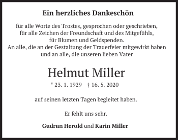Todesanzeige von Helmut Miller von merkurtz