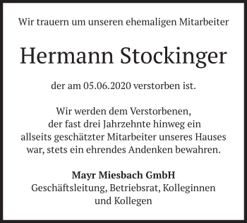 Todesanzeige von Hermann Stockinger von merkurtz