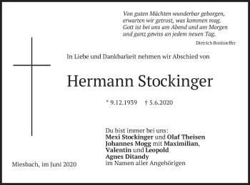 Todesanzeige von Hermann Stockinger von merkurtz