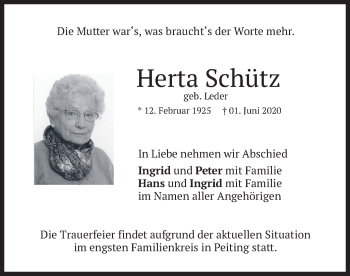 Todesanzeige von Herta Schütz von merkurtz