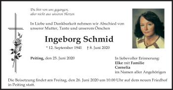 Todesanzeige von Ingeborg Schmid von merkurtz