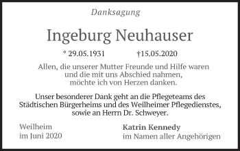 Todesanzeige von Ingeburg Neuhauser von merkurtz