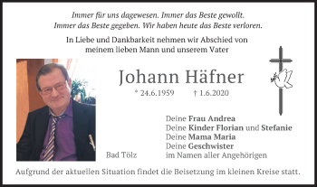 Todesanzeige von Johann Häfner von merkurtz