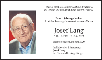 Todesanzeige von Josef Lang von merkurtz