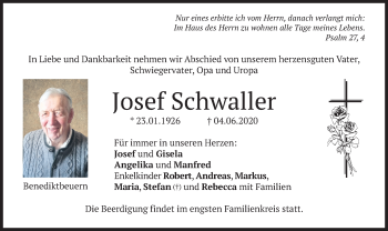 Todesanzeige von Josef Schwaller von merkurtz