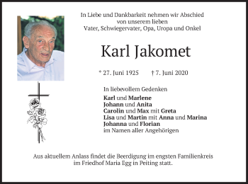 Todesanzeige von Karl Jakomet von merkurtz