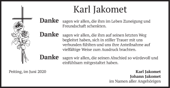 Todesanzeige von Karl Jakomet von merkurtz