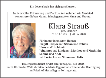 Todesanzeige von Klara Strauß von merkurtz