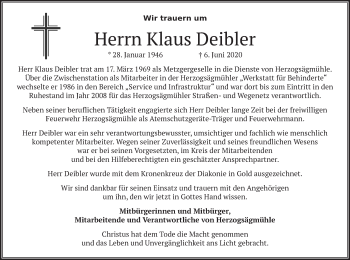 Todesanzeige von Klaus Deibler von merkurtz