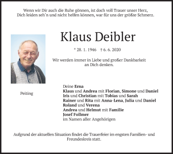Todesanzeige von Klaus Deibler von merkurtz