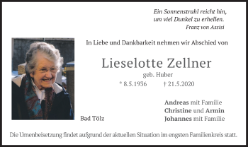Todesanzeige von Lieselotte Zellner von merkurtz