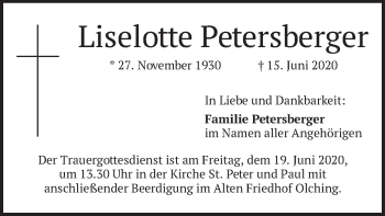 Todesanzeige von Liselotte Petersberger von merkurtz