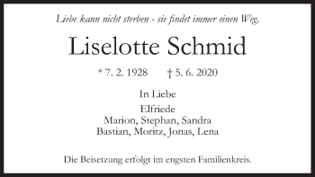 Todesanzeige von Liselotte Schmid von merkurtz