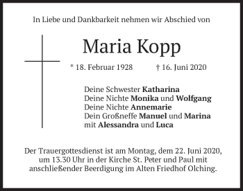 Todesanzeige von Maria Kopp von merkurtz