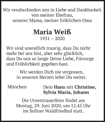 Todesanzeige von Maria Weiß von merkurtz