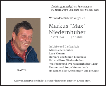Todesanzeige von Markus Niedernhuber von merkurtz