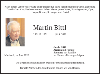 Todesanzeige von Martin Bittl von merkurtz