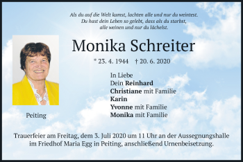 Todesanzeige von Monika Schreiter von merkurtz