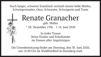 Todesanzeige von Renate Granacher von merkurtz