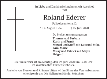 Todesanzeige von Roland Ederer von merkurtz