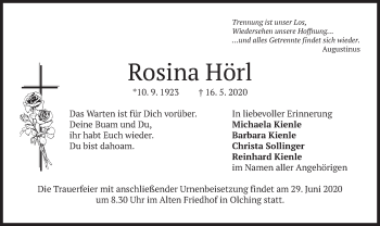 Todesanzeige von Rosina Hörl von merkurtz