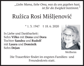 Todesanzeige von Ruzica Rosi Misljenovic von merkurtz