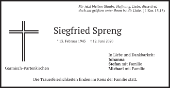Todesanzeige von Siegfried Spreng von merkurtz